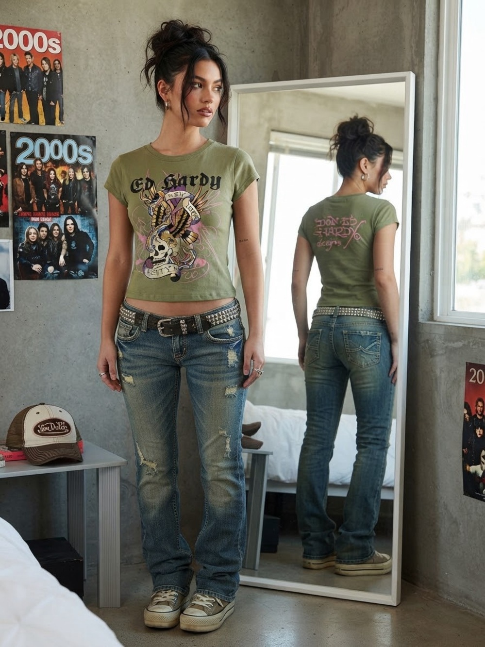 Ed Hardy Olive Green Graphic Skull Tee with Pink and Purple Accents